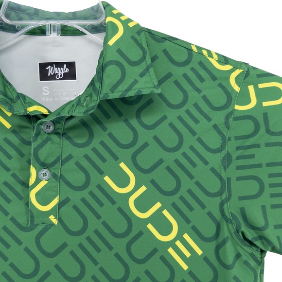 Waggle Mens Small Golf Polo Shirt Dude All Over Print Stretch Green Short Sleeve - Picture 1 of 7